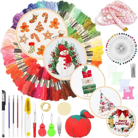 212Pcs Embroidery Kit, Stitch Kits Include 100 Colors Threads, Aida Cloth, Sewing Pins, Floss Bobbins, Embroidery Needles, Bamboo Embroidery Hoops, The Shell of a Pen with Erasable Refill {2}