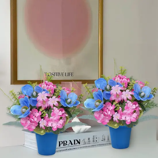 2 Pcs Fake Potted Flowers Spring Centerpieces for Tables 13.78" Easter Centerpiece Silk Flower with Iron Pots Small Plants Orchid Hydrangea for Indoor Table Top Dining Table Office Decor Pink Blue {3}