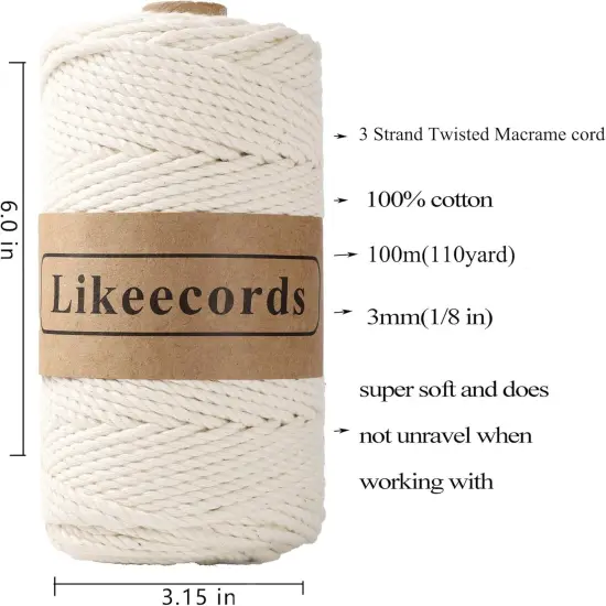 Cotton Macrame Cord, 3mm x 100m, 3 Strand Twisted, Macrame Rope & String for Craft, Knitting, Plant Hangers, Wedding & Christmas Decor (Natural White) {2}