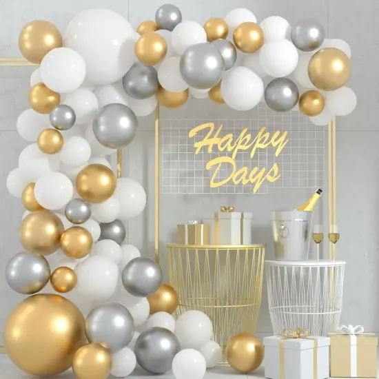 White and Gold Silver Balloon Garland Arch Kit 5 10 12 18 Inches Metallic Gold Silver White Balloons for Birthday Wedding Bridal Baby Shower Graduation Party Decorations {1}