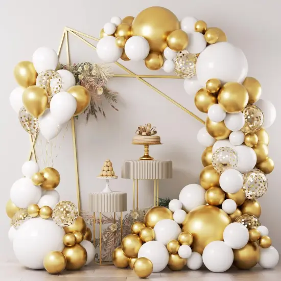 White and Gold Balloons Garland Kit, 124pcs White Metallic Gold Confetti Balloon Arch Kit {1}