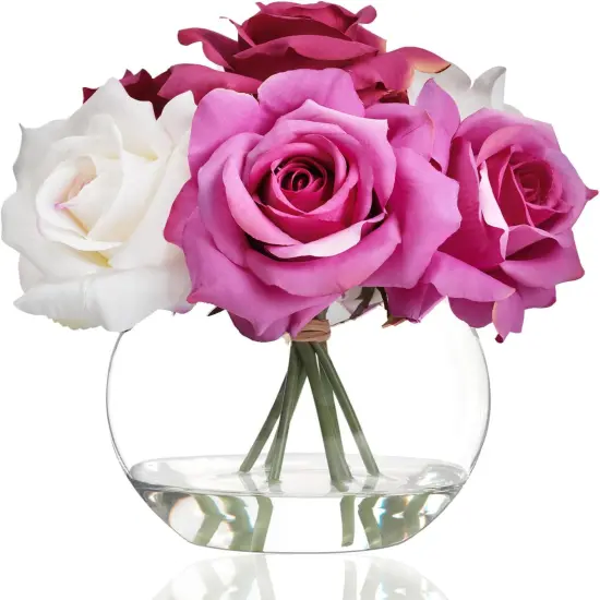 Silk Rose Artificial Flowers with Vase Artificial Rose Flower Arrangements in Round Glass Vase with Faux Water for Home Office Hotel Wedding Party Dinning Table Decor Gift (White & Pink) {1}