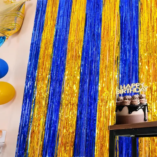 2 Pack Navy Blue and Gold Party Decorations, 3.3x6.6 ft Foil Fringe Curtains, Tinsel Backdrop, Graduation Photo Booth Prop Streamer Backdrop for Birthdays, Ramadan, Retirement, Graduations {3}