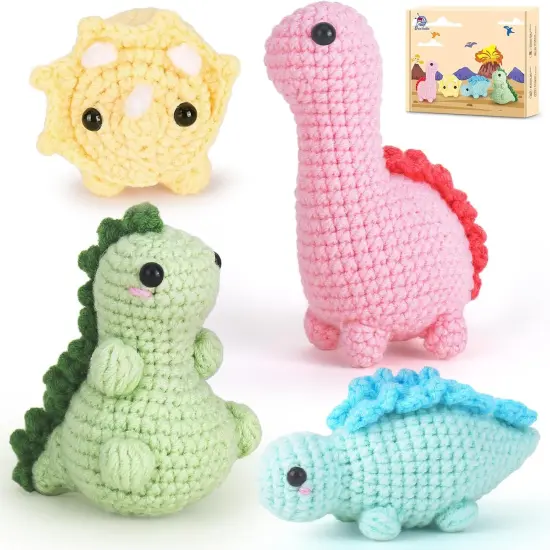 Crochet Kit for Beginners, Beginner Crochet Kit for Adults with Step-by-Step Video Tutorials, DIY Crochet Animal Kits Kids Knitting Supplies, 4 Pack Dinosaurs (40%+ Yarn) {1}