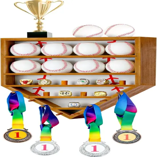 Baseball Balls Display Case with Championship Rings Medals Holder, Solid Wooden Wall Mount Baseball Box for Balls, Rings, Medals, Trophies Collection Brown {1}
