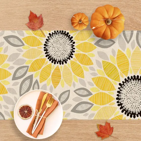 Fall Abstract Sunflower Table Runner, Autumn Flower Floral Geometry Kitchen Dining Table Decoration, Spring Summer Seasonal Burlap Indoor Outdoor Home Decor Party Supply 13 x 72 Inches {4}