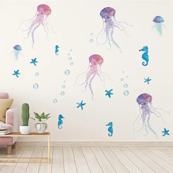 Nuanchu 28 Pcs Under The Sea Wall Decals Glow in The Dark Sea Turtle Ocean Grass Seaweed Jellyfish Peel Stick Underwater Wall Decoration for Kids Bedroom Bathroom Toilet (Vivid Style) {3}