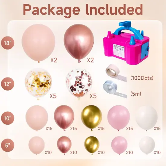 Rose Gold Balloon Garland Kit, 142Pcs Nude Pastel Pink Gold and Rose Gold Confetti Balloon Arch Kit with Electric Pump for Wedding Bridal Shower Princess Party Girl Birthday Baby Shower Decorations {2}