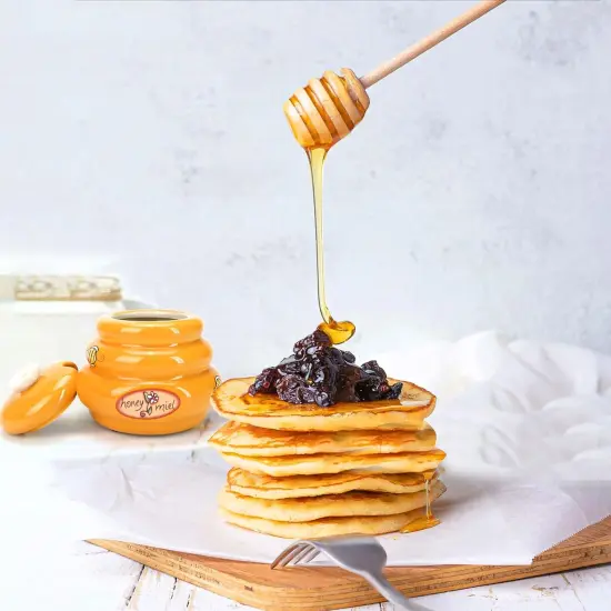 Ceramic Honey Pot with Wooden Dipper - Small Bee Hive Jar Honey Storage with Lid Stir Bar (5 Oz) - Farmhouse Kitchen Decor, Tea Accessories, Dishwasher Safe Honey Dispenser Kitchen Supplies {3}