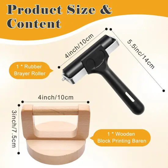 1+1 Pcs Wooden Block Printing Baren with Rubber Brayer Roller, Block Printing Press Kit for Crafting, Printing, Inking, Stamping, Linocut {3}