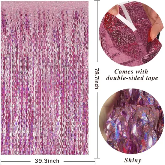 Pink Streamers Fringe Backdrop Tinsel Foil Fringe Curtains Wavy Backdrop for Parties Sparkle Metallic Wavy Foil Fringe Backdrop Curtain Photo Booth Props for Birthday Wedding {2}