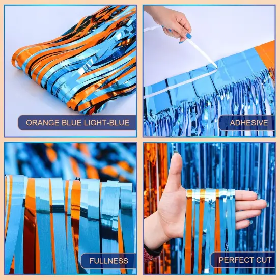 Blue Dog Party Decorations - 2 Packs of 3.3x6.6 ft Orange and Light Blue Foil Fringe Curtains for Birthday Party Supplies, Blue Foil Tinsel Photo Booth Prop Backdrop {3}