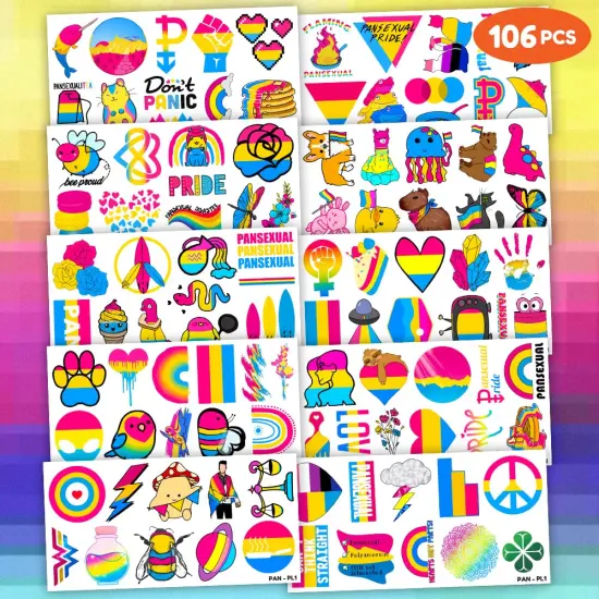 106 PCS Pansexual Rainbow Pride Month Temporary Tattoos Themed Birthday Party Decorations Favors Supplies Cute Pan Flag Gay LGBT Tattoo Stickers Gifts For Men Woman Classroom School Reward Festival {5}