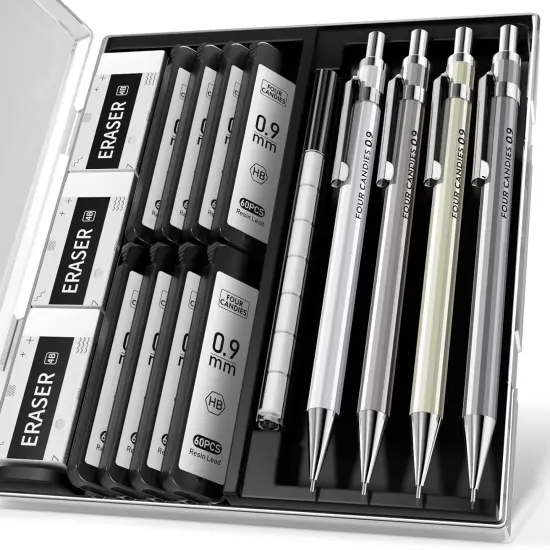 0.9mm Metal Mechanical Pencil Set with Case - 4PCS Fancy Mechanical Pencils, 8 Tubes HB #2 Lead Refills, 3PCS 4B Erasers and 9PCS Eraser Refills, Led Pencils Mechanical for Writing {1}