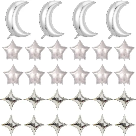 28Pcs Silver Moon Star Shape Foil Balloons with 24Pcs Silver Star Balloons and 4Pcs Large Moon Foil Balloons for Baby Shower Wedding Decors Anniversary Birthday Decorations Party Decoration {2}