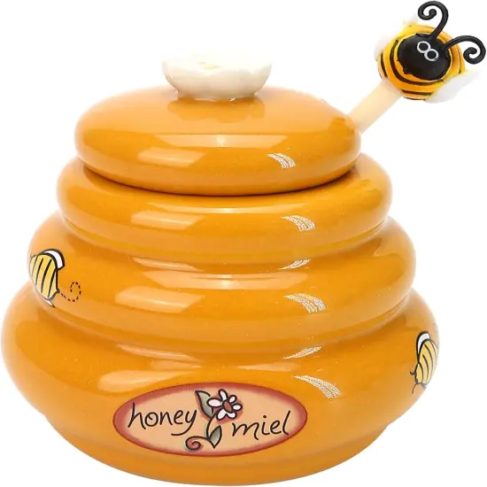 Ceramic Honey Pot with Wooden Dipper - Small Bee Hive Jar Honey Storage with Lid Stir Bar (5 Oz) - Farmhouse Kitchen Decor, Tea Accessories, Dishwasher Safe Honey Dispenser Kitchen Supplies {1}