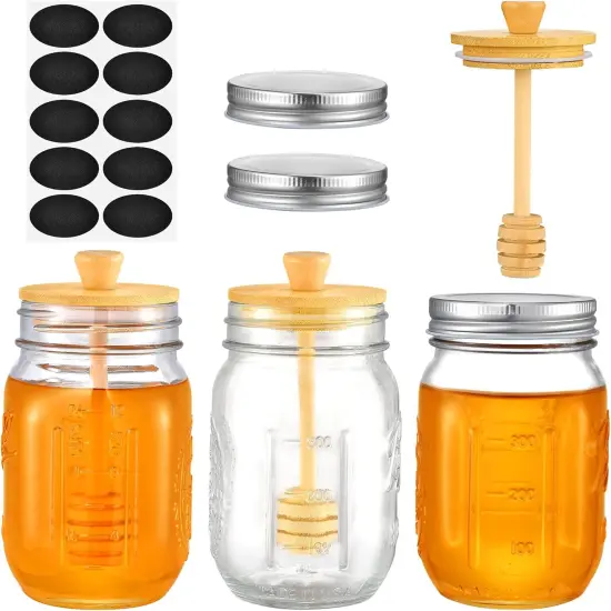 Honey Jar with Dipper and Lid, 16oz Honey Pot Set of 3, Mason Jar Honey Dipper Lid, Honey Container with Dipper, Storage Jars with Lids {1}