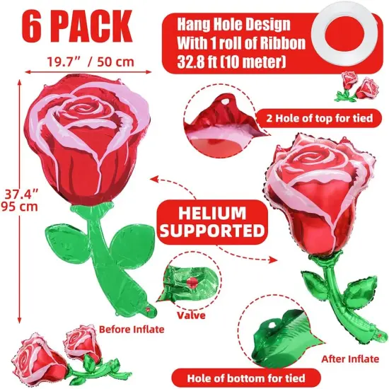 3D Red Rose Balloon Flower Decor Girls Pink Princess Supplies Romantic Decoration, 6 Pack Rose Foil Balloons {3}