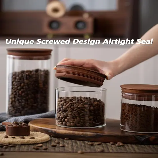 500ml Glass Coffee Canister with Wooden Lids and Scoop, Kitchen Coffee Container Set of 2 Hold Up to Total 12 oz of Coffee Bean, Airtight Food Storge Jars for Ground Coffee Bar Cereal Snack {5}