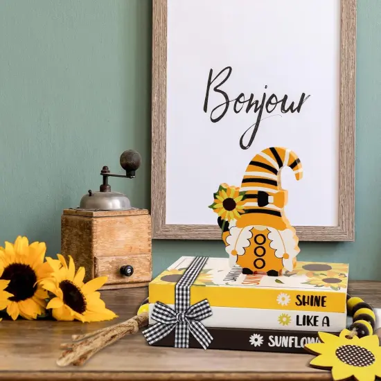 5 Pieces Sunflower Tiered Tray Decor Summer Wood Table Sign Rustic Book Stack with Gnome Wood Bead Tassels Summer Wooden Tabletop Centerpiece Shelf Decoration for Farmhouse Decor {5}