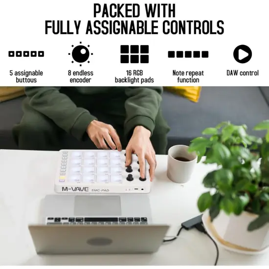 M-Wave Midi Controller &ndash; Bluetooth USB Pad &ndash; 16 Drum Pads, 8 Knobs, Rechargeable, DAW Compatible {3}