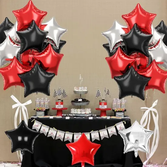 Black Red Star Foil Balloons, 18 Inch Black Silver Pentagram Aluminum Foil Balloons 12 Pcs {2}