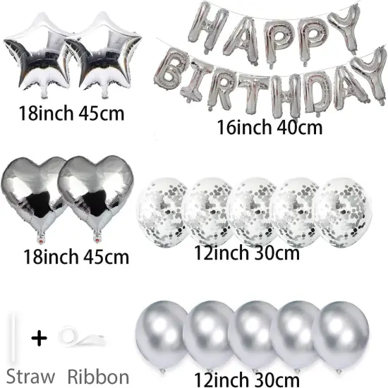 27 Pcs Silver Birthday Decorations, 3D Foil Silver Happy Birthday Balloon Banner {5}