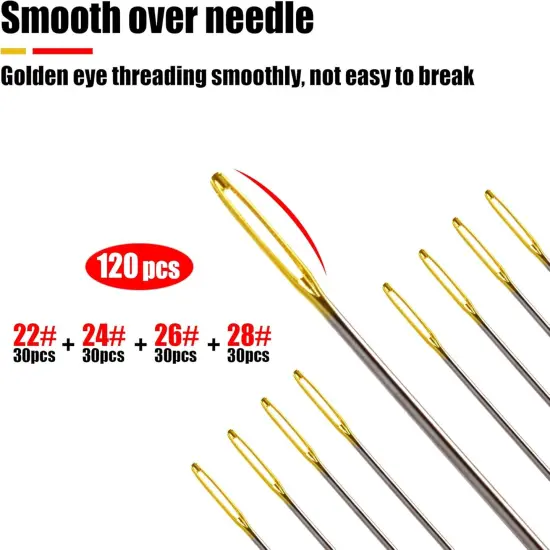 120pcs Cross Stitch Needles +2 Needle Threader Golden Color Large Eyes Cross Stitch DIY Embroidery Hand Needles Sewing Needles in Transparent Box Size 22# 24# 26# 28# {3}