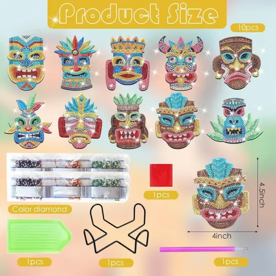 10 Pcs Summer Tiki Shaped Diamond Art Coasters Kits DIY Hawaii Diamond Dots Art Coasters with Holder Christmas Crafts {2}