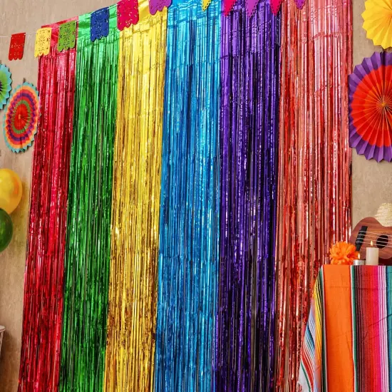 Cinco de Mayo Decorations, 2 Pack Fiesta Foil Fringe Curtains Backdrop, 3.3x6.6ft Mexican Themed Tinsel Streamers, Perfect for Spain Taco Party Photo Booth Props, Dia De Los Muertos Decor {5}