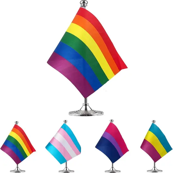 USA Rainbow Table Flag LGBT Stick Small Mini Rainbow Flag Office Table Flag with Stand Base, Gay Pride and Proud Theme Party Decoration {1}