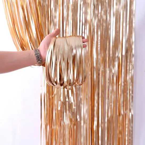 2 Pack Backdrop Curtain, 3FT x 8FT Metallic Tinsel Foil Fringe Curtains Photo Booth Background for Baby Shower Party Birthday Wedding Engagement Bridal Shower (Champagne Gold) {2}