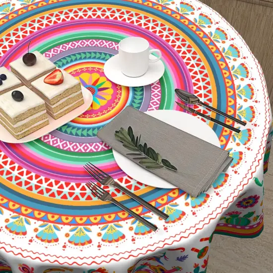 Colorful Mexico Round Table Cloth - Mexican Floral Tablecloth Cactus Stripes Lines Native Art Table Cover for Kitchen Party Picnic Dining Decor 60 Inch {5}