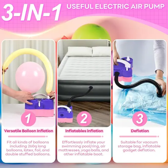 3-in-1 Electric Balloon Pump, Portable Electric Air Pump for All Balloons Inflatables Dual Nozzle Balloon Blower Machine for Latex 260q Foil Balloons 110V AC Inflator Deflator for Inflatable Pool Bed {5}