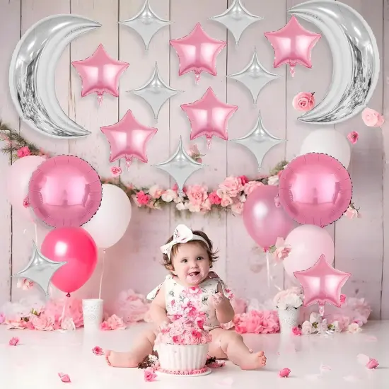 Pink Silver Moon Star Balloons,Large Moon Balloons Star Foil Balloons {4}
