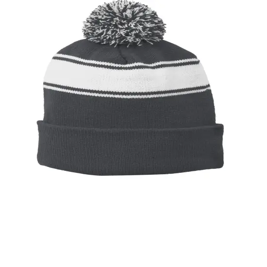 Sport-Tek&reg; Stripe Pom Pom Beanie Black/Iron Gry {6}