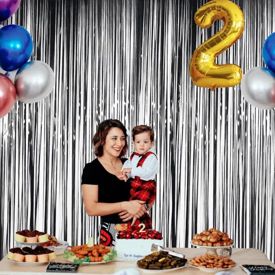 Black [Tinsel] Foil Fringe [Curtain] s, Melsan 3.2 x 8 ft Streamer Backdrop for Birthday, Graduation, Fiesta, Halloween [Party] Decor - Pack of 2 {3}