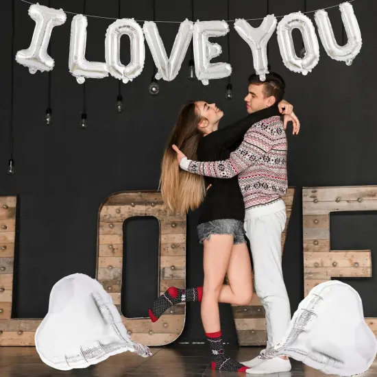 16 Inches Silver 'I LOVE YOU' Balloons Banner - Mylar Letter Balloons with 2 Heart Shaped Foil Balloons for Romantic Decorations, Anniversaries, Engagements, Proposals, and Valentine's Day Decor {3}
