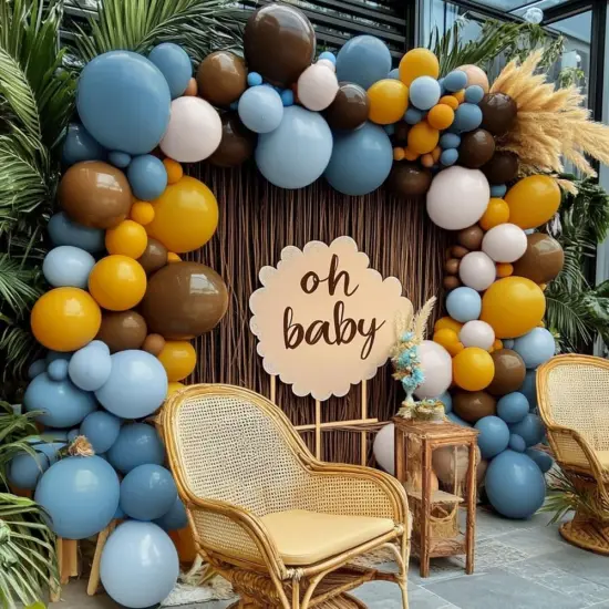 Blue Yellow Balloon Arch - Double Stuffed Dusty Blue Brown Balloon Mustard Yellow Coffee Tan Cream Latex Balloons Garland Kit {5}