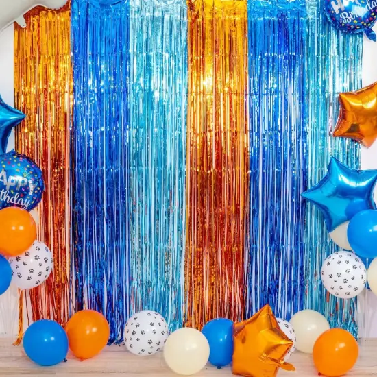 Blue Dog Birthday Party Supplies, 2 Packs 3.3x6.6 ft Foil Fringe Curtains, Orange Light Blue Tinsel Metallic Streamers, Photo Booth Props Streamer Backdrop for Blue-yTheme Party Decoration {1}