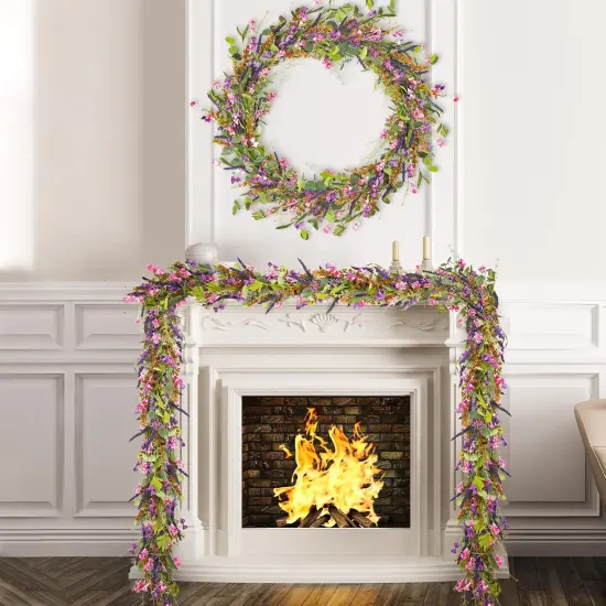 6FT Lavender Flowers Garland with Wildflower, Purple Pink Floral Eucalyptus Vine, Artificial Summer Spring Garland for Mantle Wedding Arch Porch Window Indoor Decor Home Decoration {2}