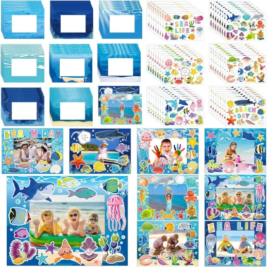 96 Pcs Summer Picture Frame Craft Kit DIY Photo Frame Craft with Stickers Summer Cardboard Photo Frame Craft Beach Pool Party Favor Activities (Ocean, Blue Series) {1}