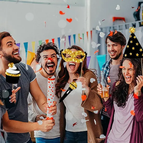 Black and Gold Party Photo Booth Props,24 Pieces Photobooth Picture Pose Sign Kit for Birthday Wedding Party Memorable Photos {3}