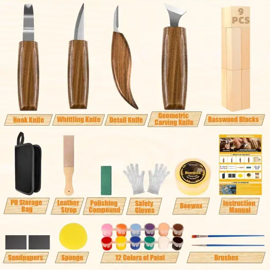 Wood Carving Kit, 36Pcs Wood Carving Tools with Paint and Beewax, Wood Whittling Kit with 4Pcs Whittling Knives & Storage Bag for Beginners and Enthusiasts {2}