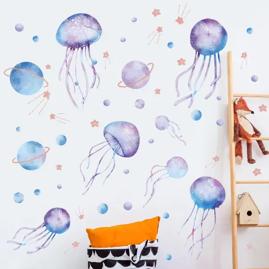 4 Sheets Starry Sky Jellyfish Wall Sticker Glow in The Dark Wall Stickers Planet Blue Luminous Wall Decals DIY Peel Stick Art Decor for Walls Ceiling Kids Bedroom Living Room Nursery Girls and Boys (Blue) {4}