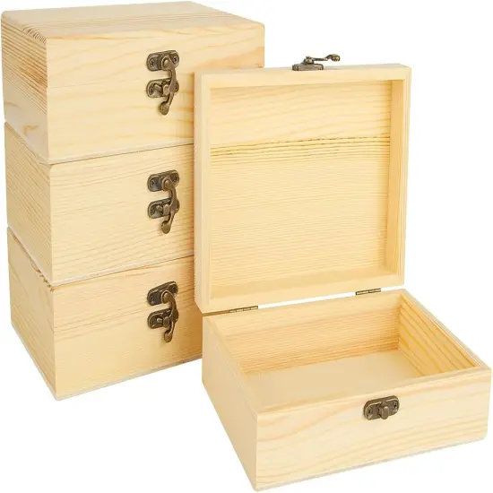 4 Pack Unfinished Wood Boxes, 7.2 Inch Unpainted Wooden Box with Hinged Lid, Small Plain Pine Wood Storage Boxes {1}