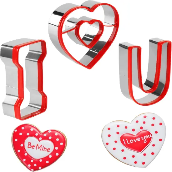 Valentine's Cookie Cutter Set 3 Heart & "I Love U" Shapes Cookie Cutters Stainless Steel Silver {7}