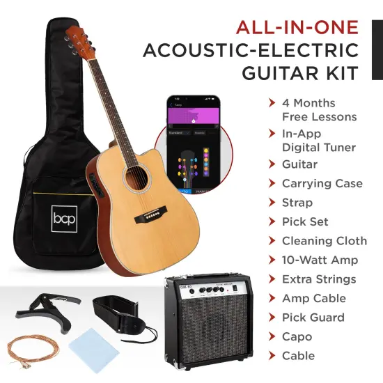 Best Choice Products Beginner Acoustic Electric Guitar Starter Set 41in w/ All Wood Cutaway Design, Case Natural {3}