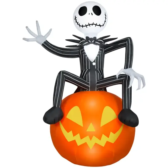 9.5' Gemmy Airblown Inflatable Halloween Jack Skellington sitting on Jack O' Lantern Yard Decoration 229810 {1}