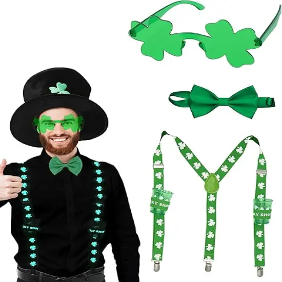4E's Novelty St Patricks Day Glow in the Dark Suspenders, Shot Glass, Shamrock Glasses, Bowtie Accessories Set for Women, St Patricks Day Outfits for Men Leprechaun Costume {1}